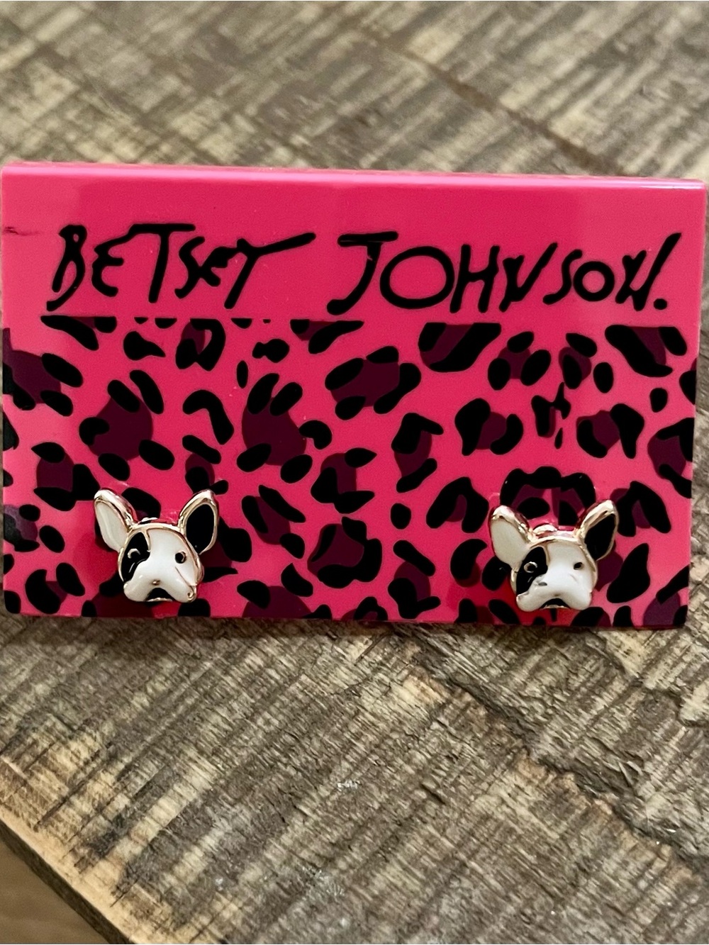 Betsey Johnson Hot Pink Leopard Frenchie Dog Face Stud Earrings
